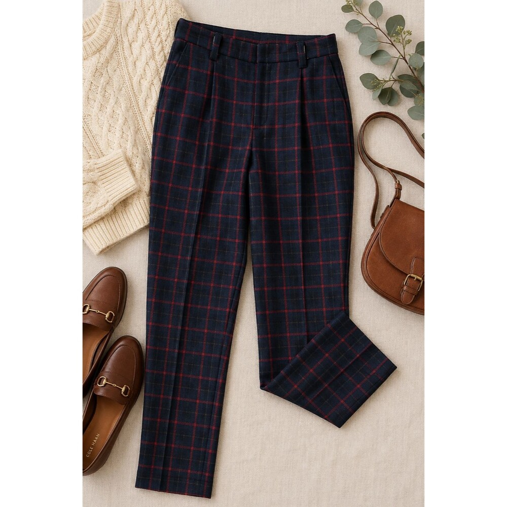 Pendleton Petite 100% Virgin Wool Plaid Trousers Pants Women's 10P Navy Red USA